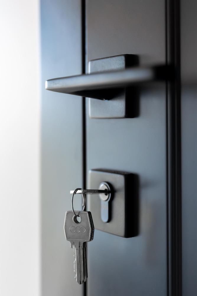 Solid wooden front door with a glass transom on a blue façade