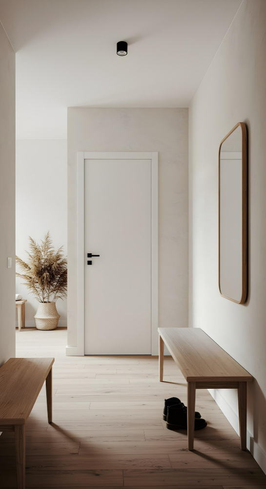 Open white interior door leading into a bright room